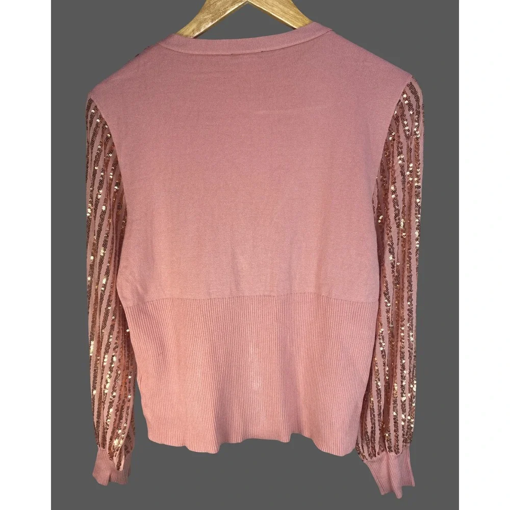 Venus Womens XL Pink Rose Gold Sequin Stripe Button‎ Front Cardigan Sweater NWOT